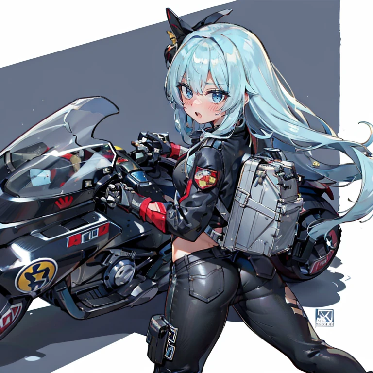 1 mulher, beautiful face, Legal vibes, cabelo branco na altura dos ombros, usar uma jaqueta de couro da motocicleta, black pants