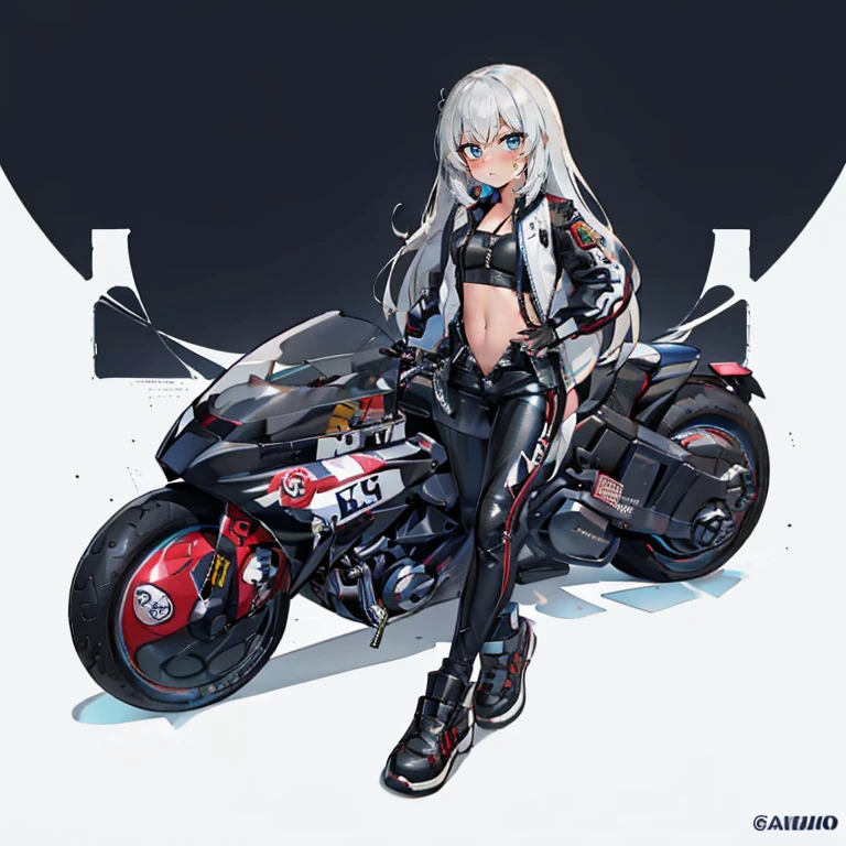 1 mulher, beautiful face, Legal vibes, cabelo branco na altura dos ombros, usar uma jaqueta de couro da motocicleta, black pants