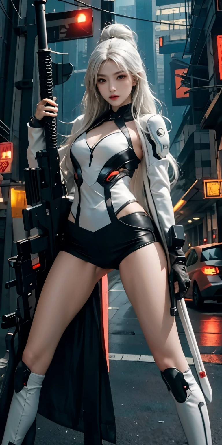 photorealistic, high resolution, soft light,1women, solo, hips up, (detailed face), white long hair, cybersamurai, cyborg at leg and arm, naked body, small breast, cyberpunk, holding weapon,glowing,gun, sniper, on the street