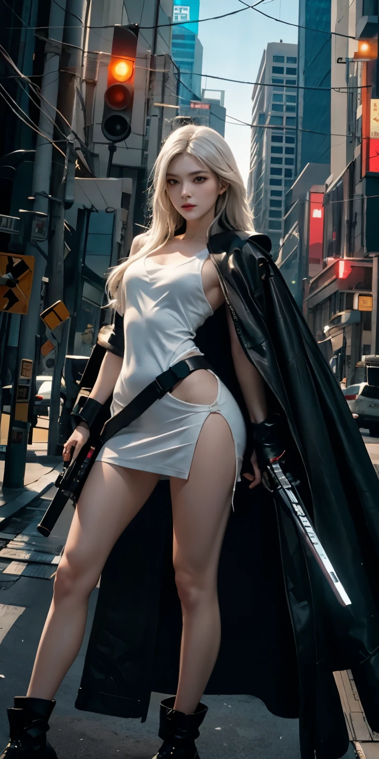 (Wide angle view). Matrix film inspired New York city, simple outlined neon tall buildings, glowing giant clock tower, year 1937 cars, lightning, 3D rendering Beeple. At night, (1girl, solo, alone), photorealistic, large-breast slim:0.6 body, oval:0.5 face, cleavage:1.1, very low angle view of sexy ethereal white dress, deep-v, ((upskirt)), glove, (Matrix style black micro sunglasses), ((aiming viewer with a short gun)), (half-body thigh level close-up shot), cinematic lighting, ray tracing.