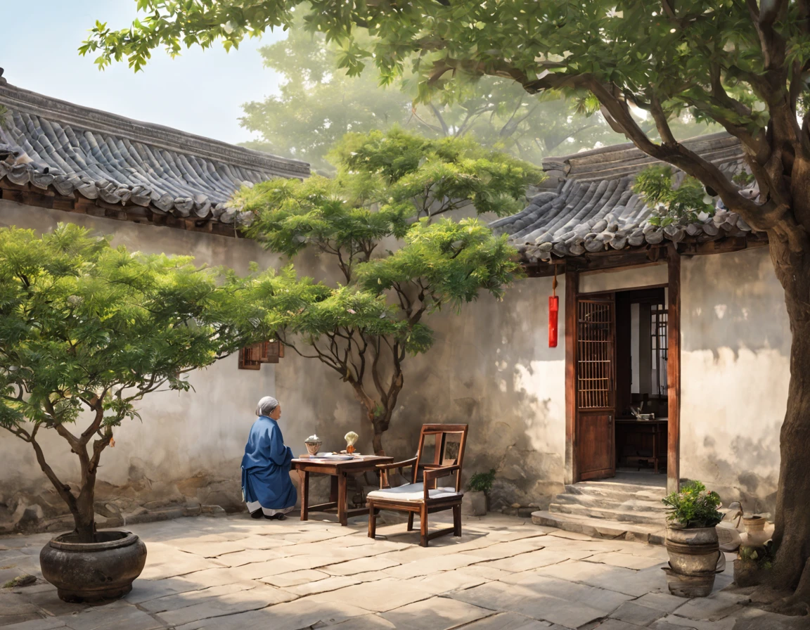 ancient china, Suzhou ancient house with an indoor yard, low white wall surrounding the yard, on the left side of the yard there is only a big crape myrtle tree, under the tree there are stone chairs and a table, there is an old woman sitting on the chair, spring morning