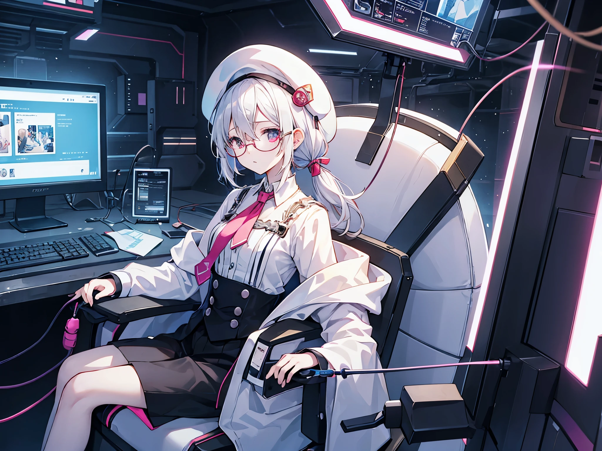 （masutepiece）（high-detail）20s male android、One、white  hair、poneyTail、Hats、tailcoat、neck tie、He wears round glasses with no rims、Quietly close your eyes、sitting on a large machine-made chair（middle of screen）（Chairs are connected by multiple cables）、Background with（An electronic world that feels like science fiction、A space that feels like inside a machine、Virtual space、near future、Slightly darker）