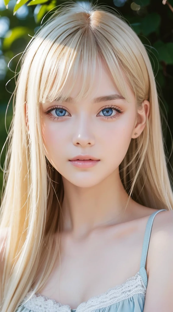 Beautiful 16 year old girl nature photo, wear a loose-fitting crop top, Super long blonde hair, disheveled bangs above the eyes,、Fluffy, Realistic platinum blonde hair that shines in gold、Super long hair as beautiful as silk、bright expression、Large bust, fix your gaze on the camera, large pale light blue eyes、eye shadow, symmetrical eye, Small face beauty、symmetry face, Photorealism, Photography, Pfadverfolgung, Mirror lighting, Volumetrisches Gesichtslicht, Hair traced in the past, Visible shadows, Convoluted, Expensive, Blank background、Gloss Face、Teak Gloss、White, young, shiny skin、cheek highlights、very beautiful cute face、