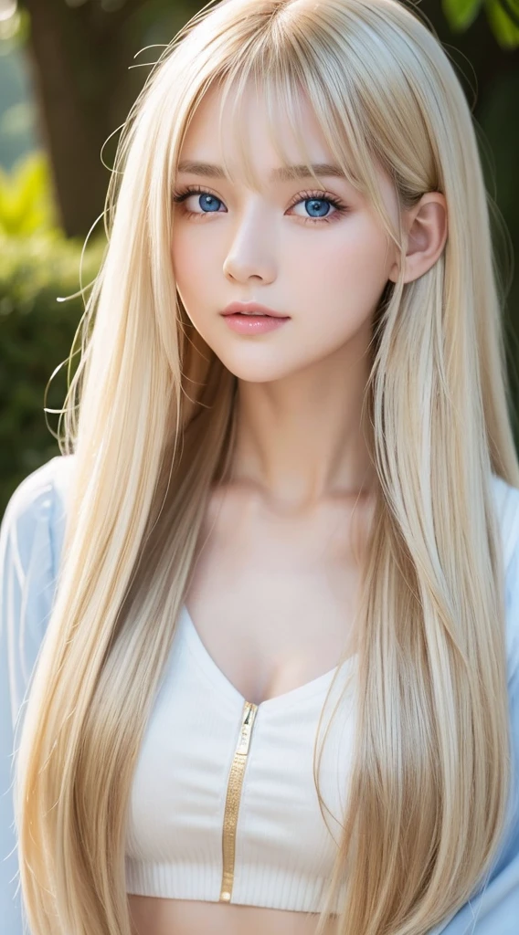 Beautiful 16 year old girl nature photo, wear a loose-fitting crop top, Super long blonde hair, disheveled bangs above the eyes,、Fluffy, Realistic platinum blonde hair that shines in gold、Super long hair as beautiful as silk、bright expression、Large bust, fix your gaze on the camera, large pale light blue eyes、eye shadow, symmetrical eye, Small face beauty、symmetry face, Photorealism, Photography, Pfadverfolgung, Mirror lighting, Volumetrisches Gesichtslicht, Hair traced in the past, Visible shadows, Convoluted, Expensive, Blank background、Gloss Face、Teak Gloss、White, young, shiny skin、cheek highlights、very beautiful cute face、