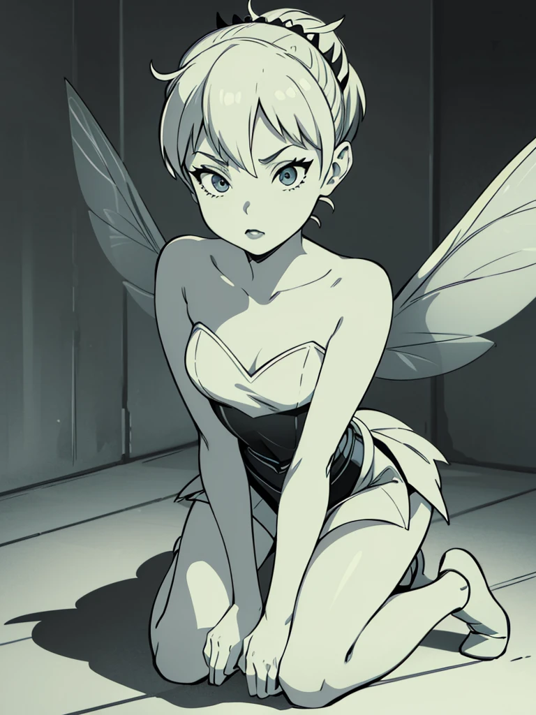 Line Art, comic, monochromes, illustratio, 1girl, masterpiece, best quality, super detail, tinkerbell, kneeling, black makeup, goth, emo