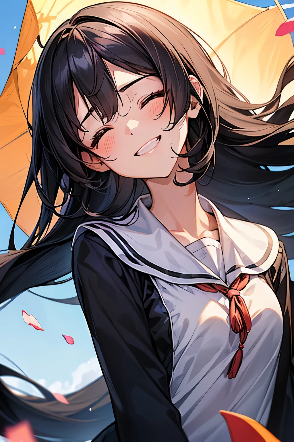 (masutepiece), (Best Quality), Highly detailed, (1 girl,独奏),taken from the under,Perfect face, Beautiful face, extra detailed face,(Black hair long hair:1.3),(happily face:1.4),(close your eyes and laugh:1.3),(Summer Uniform:1.4),blue-sky,the hair flutters with the wind,Petals flutter