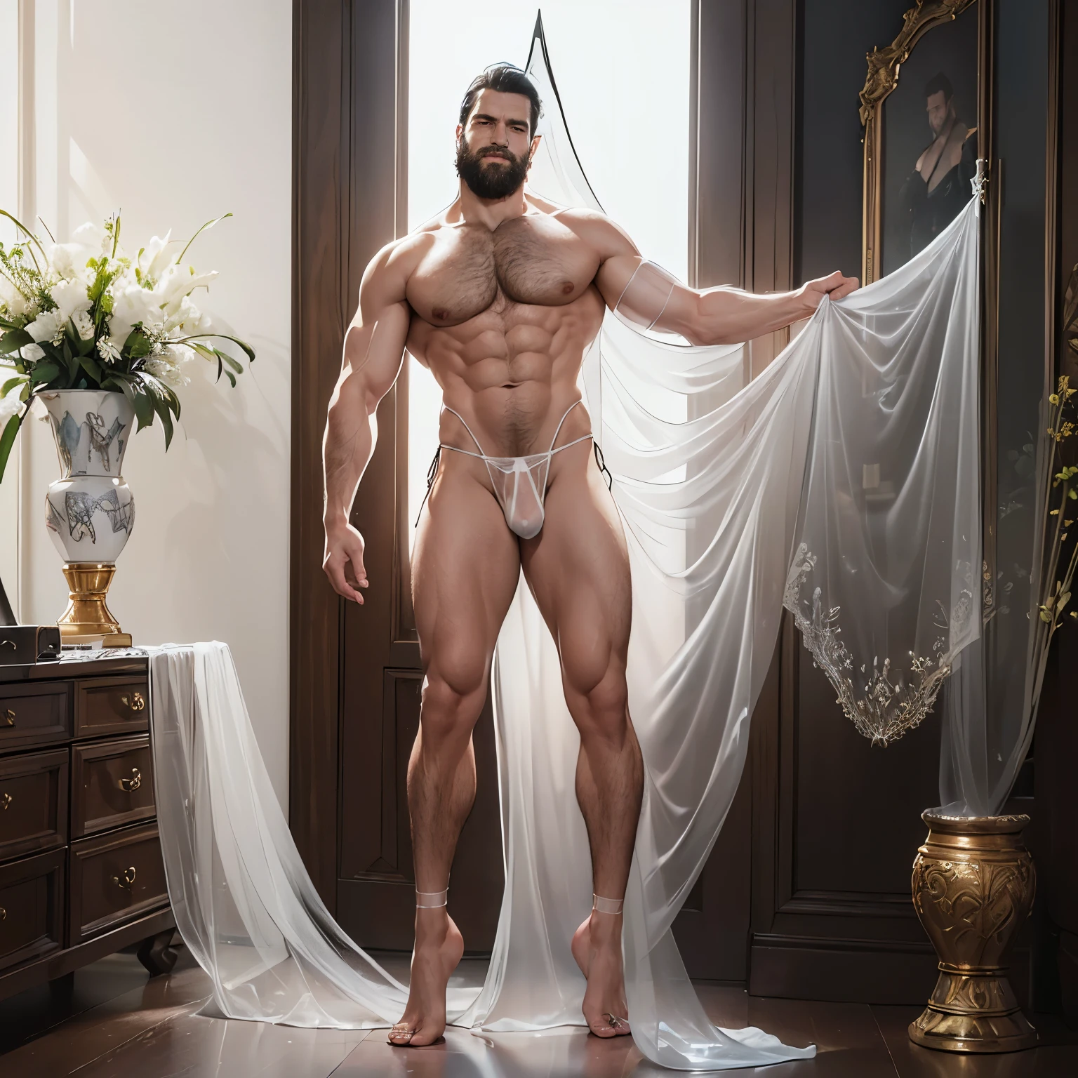 Best quality, realistic, award-winning illustrations, Full Body Display (Intricate Details: 1.2), (Fine Details), (Intricate Details), (Cinematic Lighting, Best Quality), Sharp Lines, Sharp Focus, Official Art, 16k, On White Background, (Bad Laughing Man: 1.3), A Naughty Young Boss, A Broken Cover Short Hair and Muscular Man with Stubble with a Beard, Macho (Short Hair Beard: 1.3), One Inch Head and a Smiling Look, Approx. 32 Years Old, (32 Years Old), Short Inch Hair, (Beard: 1.3), (Details with Light Wrinkles on the Face: 1.2), (Mature Male Facial Details: 1.2), (Beard: 1.3), henry cavill, pronounced male characteristics, flirting with the camera. No top, bare chest, revealing perfect chest muscles and alluring, only the lower body wearing completely transparent skin-colored thongs, naked, thick, varicose veins, slightly shiny, slightly, seems to overflow, alluring faint overflow, extreme detail depiction, man poses for photos, sexy and provocative, all white background, poses to take pictures. Full body display (transparent skin-colored thong with vaguely revealing internal erection structure: 1.7) (Extreme sexiness and seduction: 1.5) (Full body display, panty bulge, male erection: 1.6),bodily fluids,precum,pain expression,
