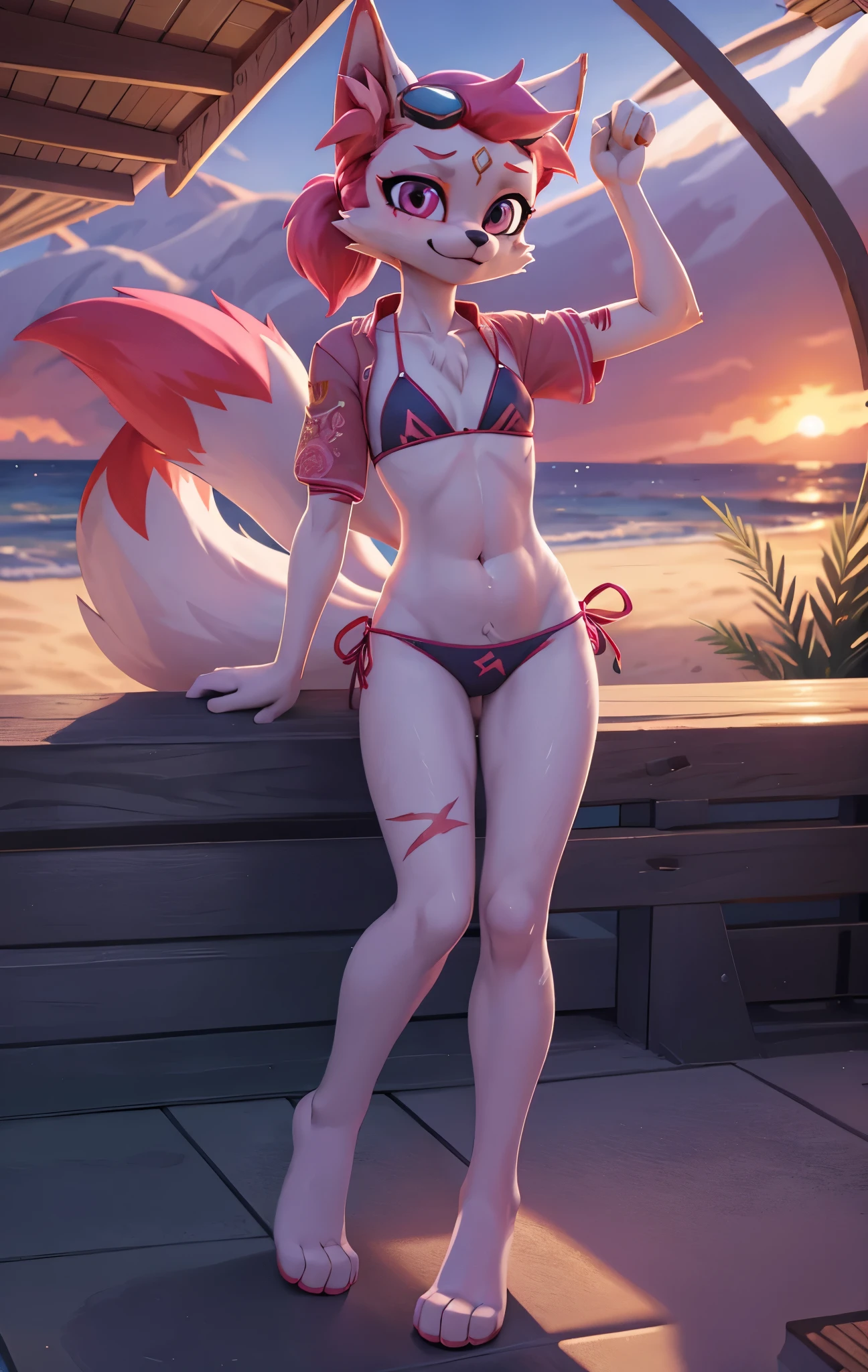 kimiko, furry female anthro, fox girl, white body fur, Pink hair, ((pink jacket, open clothes, bikini, goggles)), small breasts, detailed body fur, detailed body, detailed face, detailed eyes, glistering body, shiny body, skinny, :3, multiple tails, multi tail, solo, body fur, (best quality), detailed beach, clear sky, cinematic lighting, looking at viewer, anime style, short ponytail, scar on the eye, 2D, full body, detailed background, cute, detailed background, best quality, ultra detail, good lighting, solo, sexy, blush, :3, feets whit three toes, full body,