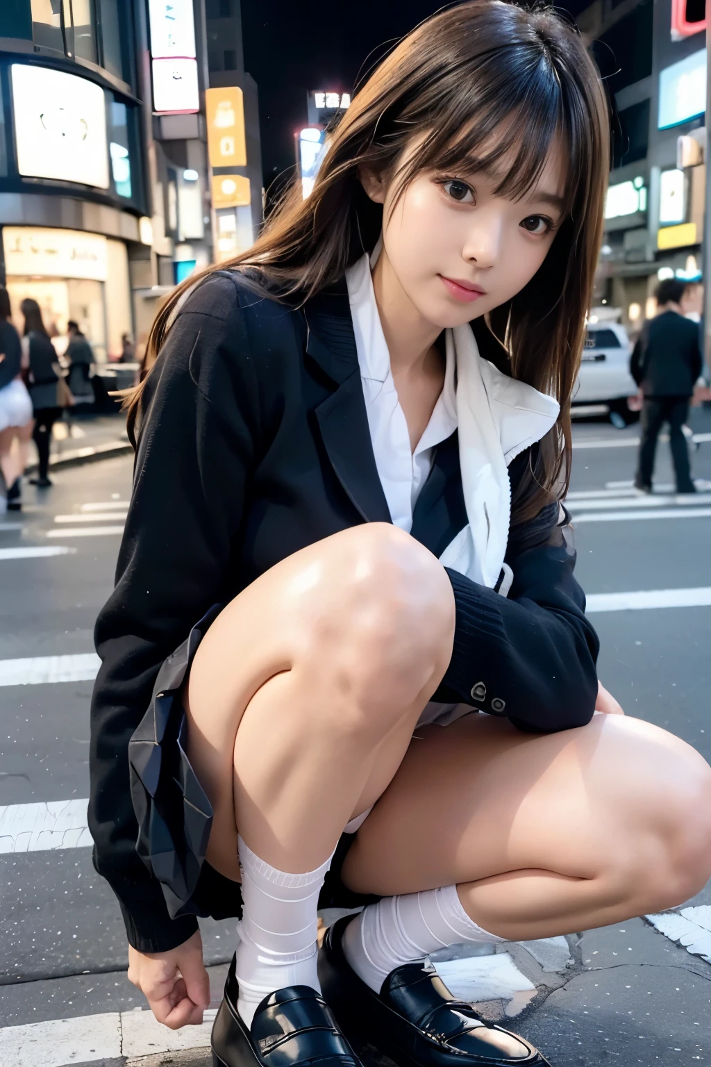 1womanl、(Super beautiful)、(beauitful face:1.5)、Clear pubic contours、Squatting、Spread your legs、(white  panties:1.4)、(high-school uniform)、(Dark blue pleated skirt)、(Wear black loafers)、(Sidewalk in Shibuya at night)、Neon sign、(At SFW:1.1)