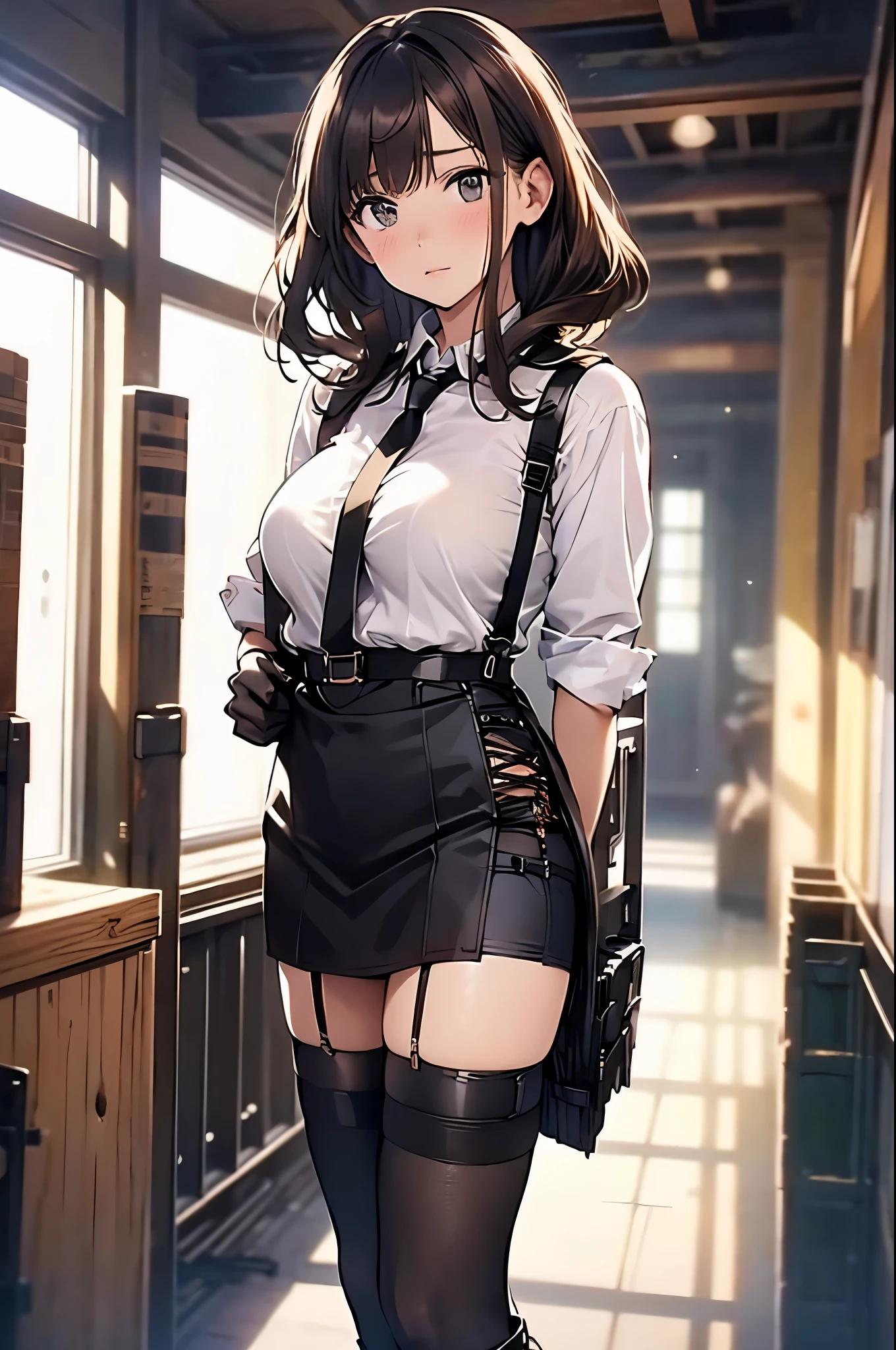 Brown hair、watching at viewers black suspenders Bulging big breasts walls: Black miniskirt garters Gaze Small face bangss holster Beautuful Women hands up レッグholster ベッドに横たわる Gaze black boots panty shot provocation flank flank汗 soio arm