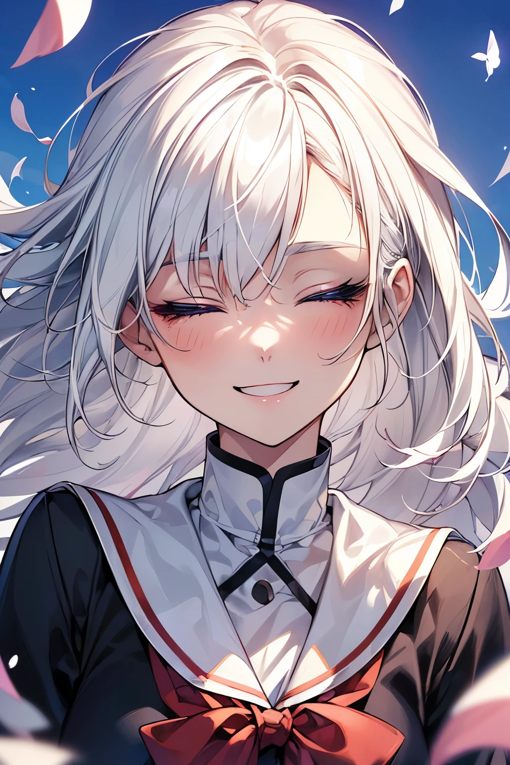 (masutepiece), (Best Quality), Highly detailed, (1 girl,独奏),taken from the under,Perfect face, Beautiful face, extra detailed face,(white hair:1.3),(happily face:1.4),(close your eyes and laugh:1.3),(high-school uniform:1.4),blue-sky,the hair flutters with the wind,Petals flutter