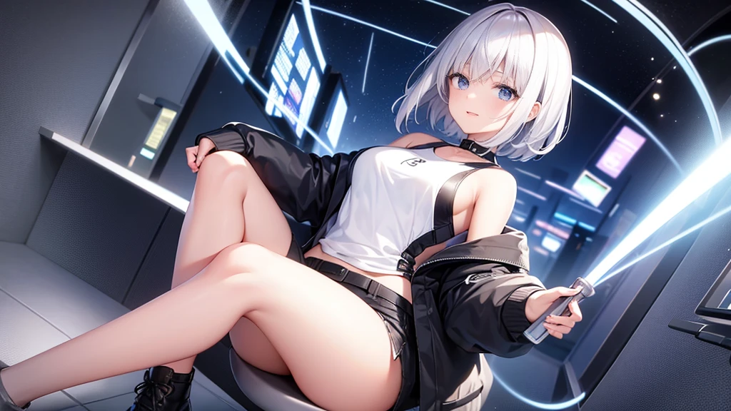 Ultra-high image quality,Look at viewers, hands behind back, girl with, 20 years old, Very short hair, long bangs between eyes, blue eyess,Black eyes, Hoodie, Skirt , Extremely detailed,(​masterpiece、top-quality),White hair、A smile、Fantastical, Silver hair,,  Hoodie, White hoodie,a black skirt,Hair is short,White jacket, Casual style,Open jacket, , look down from above、open open mouth、5 fingers、sit a chair