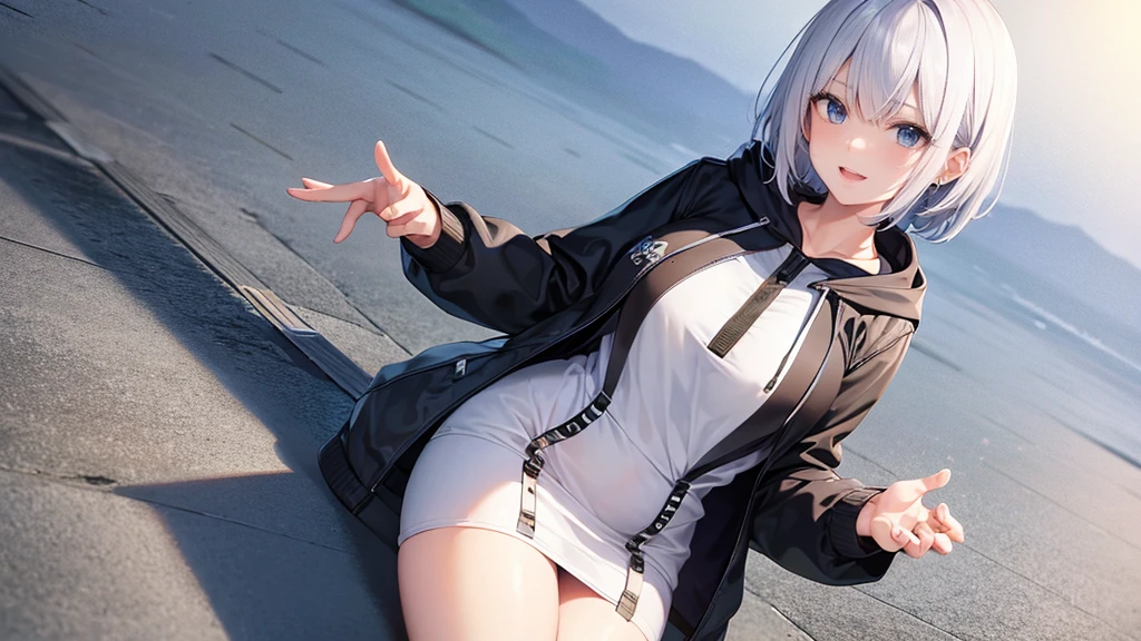 Ultra-high image quality,Look at viewers, hands behind back, girl with, 20 years old, Very short hair, long bangs between eyes, blue eyess,Black eyes, Hoodie, Skirt , Extremely detailed,(​masterpiece、top-quality),White hair、A smile、Fantastical, Silver hair,,  Hoodie, White hoodie,a black skirt,Hair is short,White jacket, Casual style,Open jacket, , look down from above、open open mouth、5 fingers、sit a chair
