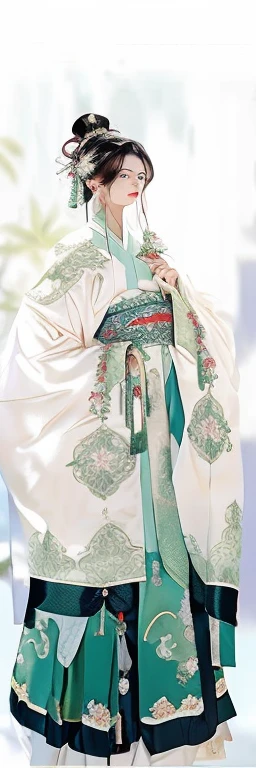 Close up of a woman in a white and green dress, Chinese traditional clothing, white hanfu, Embroidered robes, wearing ornate silk clothes, Embroidered brocade robe, Chinese-style, Wearing ancient Chinese clothes, Matches ancient Chinese costumes, Hanfu, Wearing a luxurious silk cloak, classical robes, Chinese traditional, wearing beautiful clothes, intricate silk garments