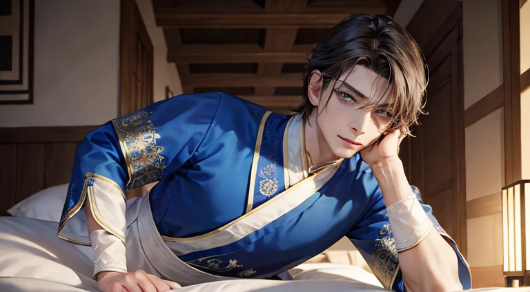 ​masterpiece, top-quality, ゲイのmale people関係,, , 非常に詳細なmale peopleキャラクター, Highly detailed fantasy adventure costume, male peopleの焦点, well-muscledのmale people, A dark-haired, Look at viewers, A smile, , blue eyess, shorth hair, Convoluted, abandoned architecture, illustratio、、nobles、、male people、年轻、livingroom、Sitting on a beige sofa、Unparalleled beauty,face perfect、、(male people二人、male peopleだけ,),Perfect Eye、Lying in bed、Traditional costumesに身を包んだ、Traditional costumes、、、ファッションmodeled、actor、modeled、brand costume、、well-muscled、,