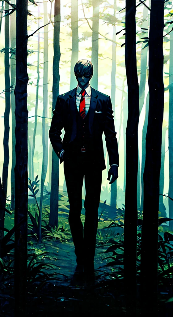 Slender man,black suit,black slacks,red necktie,in the dark forest,8K,Ultra Detail,ultra-quality,ultra precision,ultimate masutepiece,