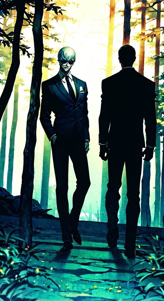 Slender man,black suit,black slacks,red necktie,in the dark forest,8K,Ultra Detail,ultra-quality,ultra precision,ultimate masutepiece,