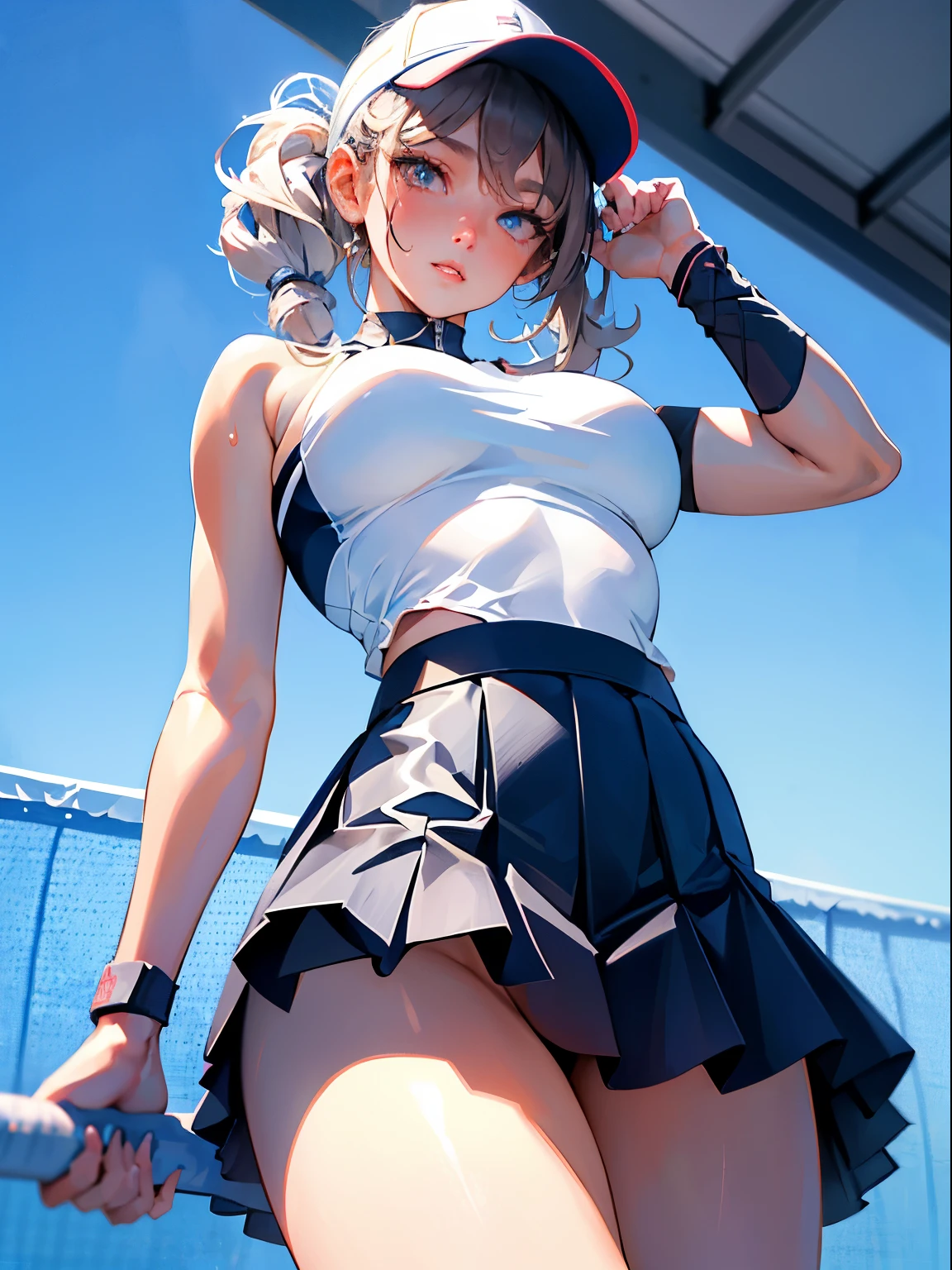 (Best Quality, masutepiece),ultra detailed photographic,1girl in, Female tennis athlete ,fluttering skirt,Large breasts,nice legs,At the tennis venue,Detailed beautiful face,Beautiful eyes,detailed hairs,detailed  clothes,Detailed realistic skin,Cool,Dynamic Angle,from below