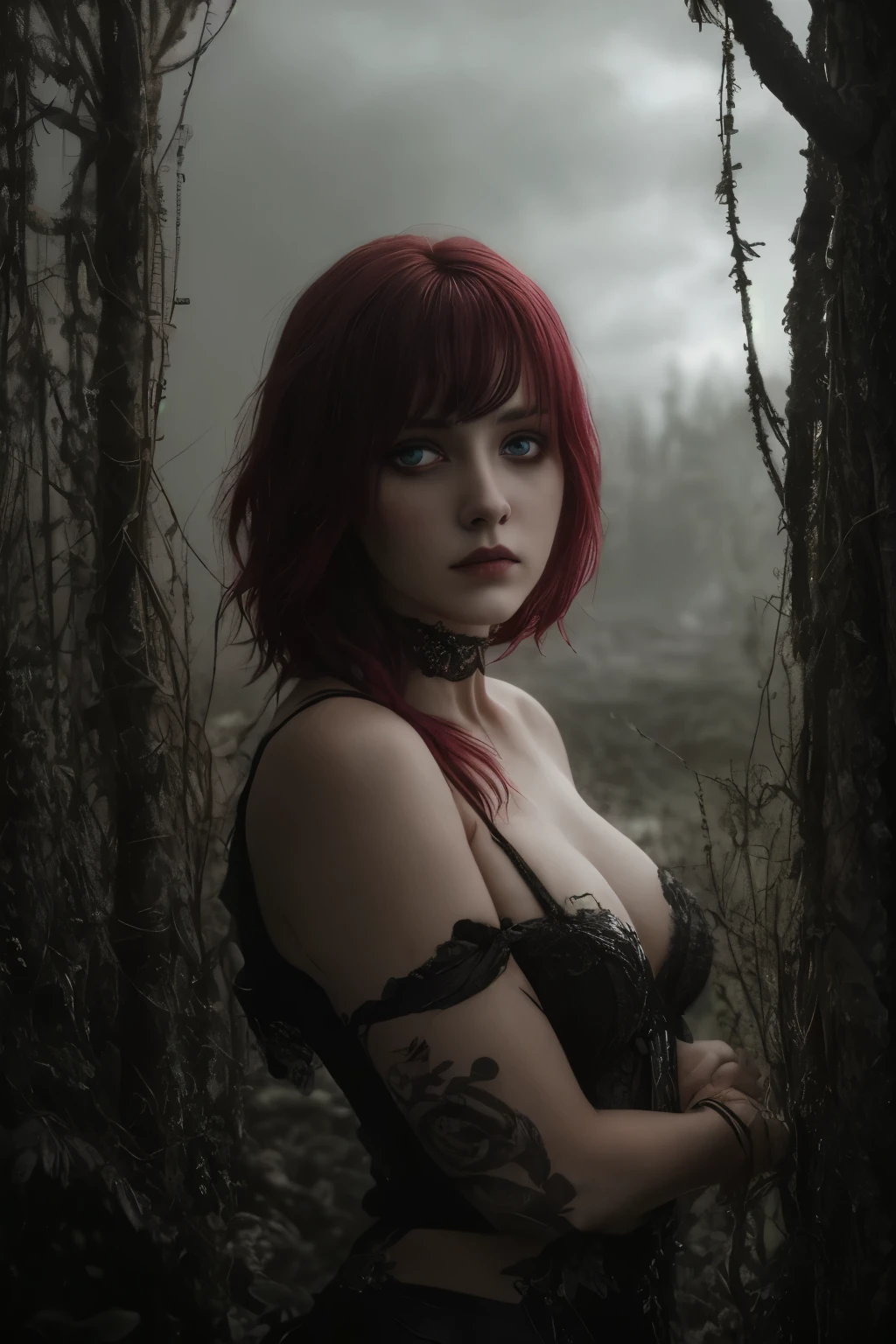 (Realisttic:1.2), analog photo style, cute woman with short black-red multicolored hair, red eyes, (Gloomy and dark atmosphere), soft natural light, faded colours, sexy, great quality, Masterpiece, detailed fantasy background, better performance, 16k quality, HDR, RAW photo