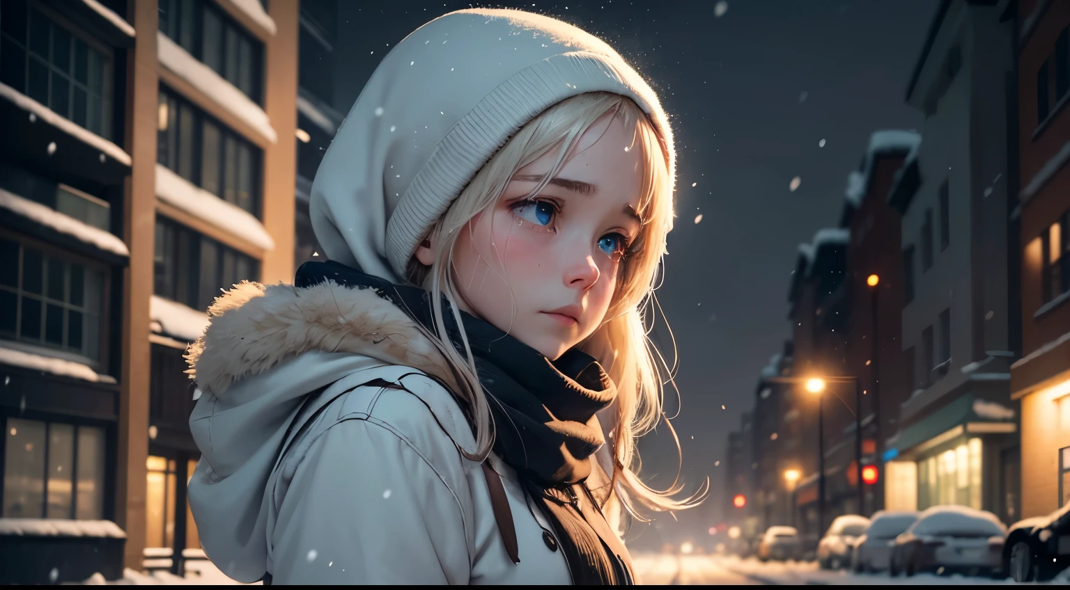 (best quality,4k,8k,highres,masterpiece:1.2),ultra-detailed,(realistic,photorealistic,photo-realistic:1.37),crying,sad anime girl,blue-green eyes,big window view,snow,night city street,cityscape,lonely,teary-eyed,blonde hair,glass reflection,soft snowflakes floating in the air,streetlights illuminating the snowy path,faint sound of distant traffic,faint glimpse of passing cars on wet roads,tears gently rolling down her cheeks,soft glow from the moon casting shadows,dark silhouette of tall buildings,muted color palette with hints of blue,gray,and white,dense fog blending with falling snow,expressive emotions,desolate atmosphere,feeling of isolation and vulnerability,subtle texture on her winter coat,wistful expression,deep sadness in her eyes,softly falling snow covering her hair,quiet and peaceful night scene,slight movement in the falling snow,creating a serene ambiance,loneliness in a bustling city,emotional intensity,evoking empathy and melancholy,visual storytelling,capturing the essence of an emotional moment in an anime,connecting with the viewer's emotions,silence amidst the chaos,tranquility within the melancholy.