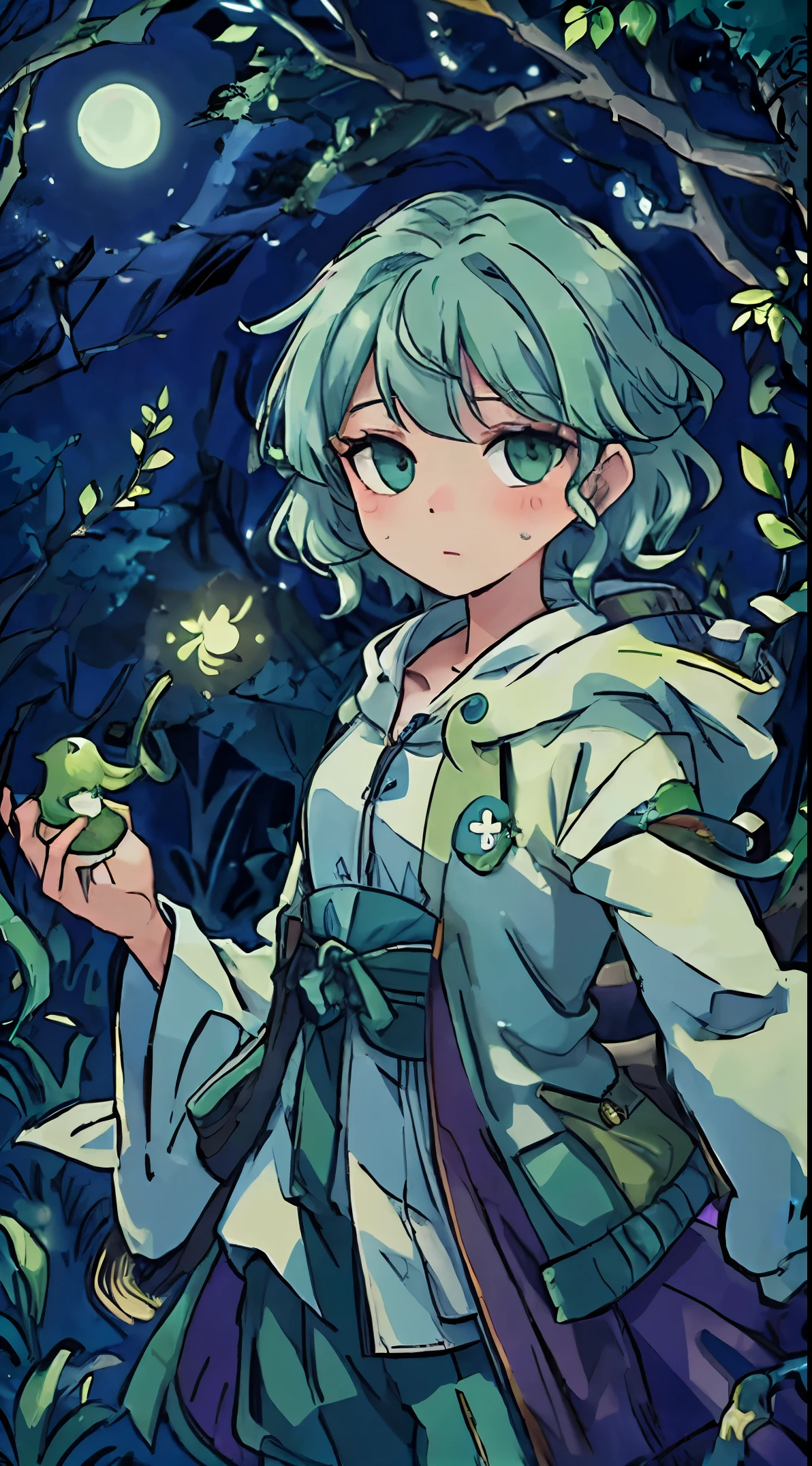 A scene on the edge of the forest on a moonlit night. A character with short green hair and white clothes stands among the trees facing the viewer. This character holds an exotic snake that coils around his arms and seems to be an extension of himself. The soft moonlight highlights these characters, creating a mysterious silhouette.