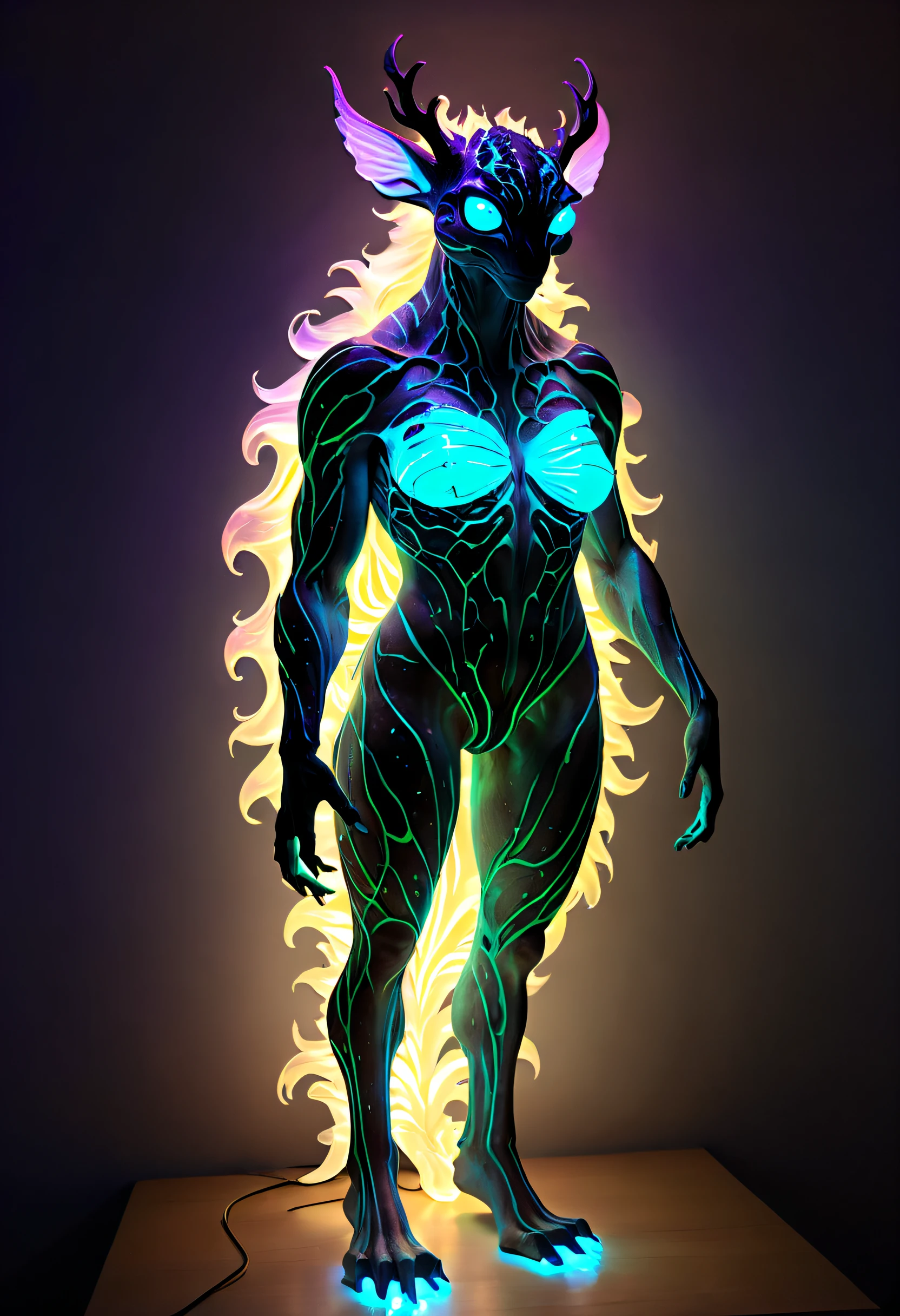 (tmasterpiece: 1.5), ((a giant glowing creature)),(Bio-luminescence),iridescent,out of this world,Ethereal,uv,semi transparent,wild animals,natural,mistic,Big breasts are beautiful,The environment is dark,magical,creature design,A high resolution,8K,ultra - detailed,lamplight,Physical rendering,Vibrant colors,Various shades,Soft lighting,pulsating light,(Full body lesbian),(head to toe),(Faraway view)