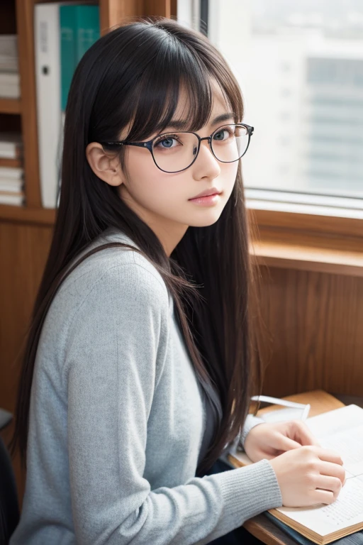 1 girl, top quality,super detailed,masterpiece,realistic,photorealistic,18 years old,adult face,black hair,long hair,high school student,glasses,cat eyes,serious,neat,studying in room