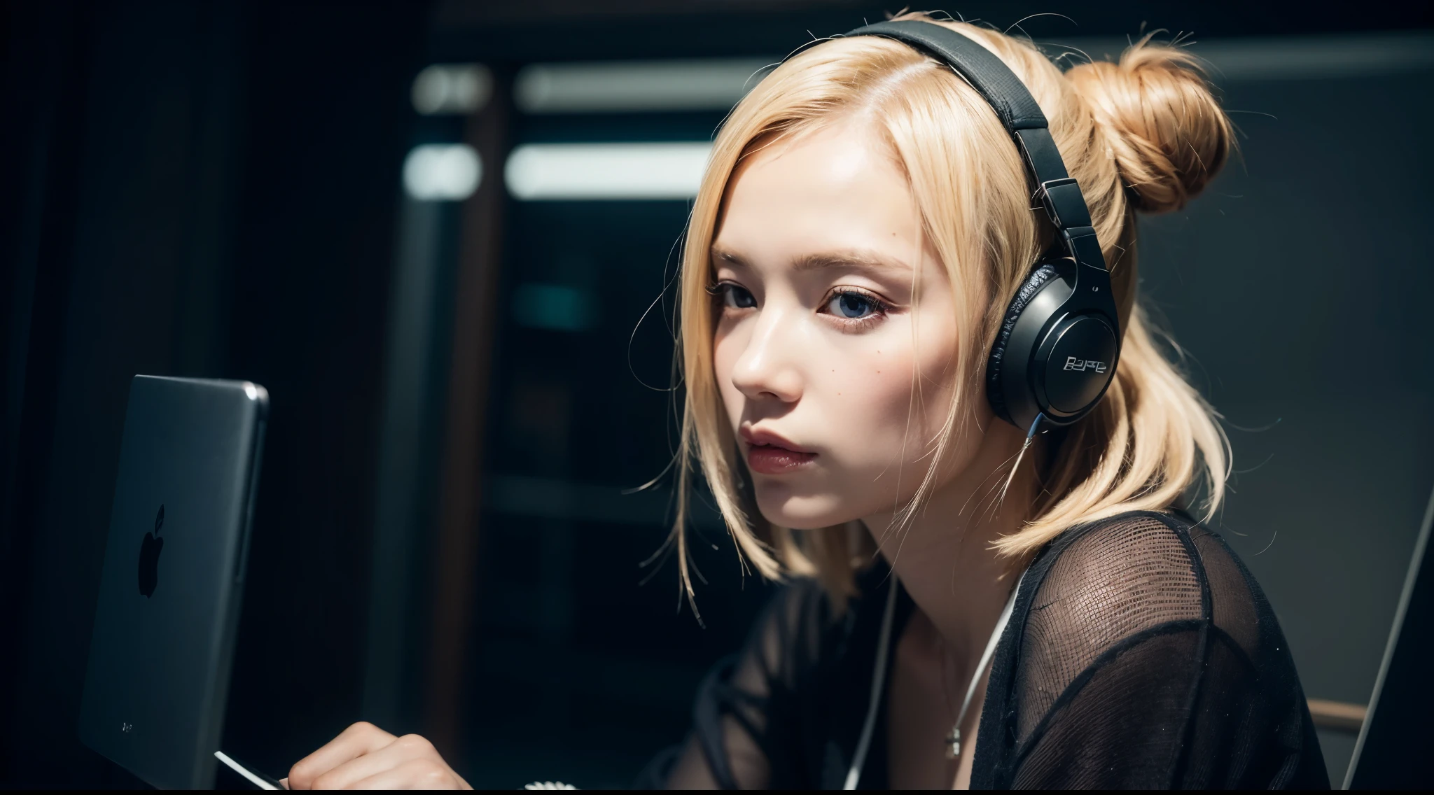 an eyes contract of a blond and bun hair with headphone, dark theme