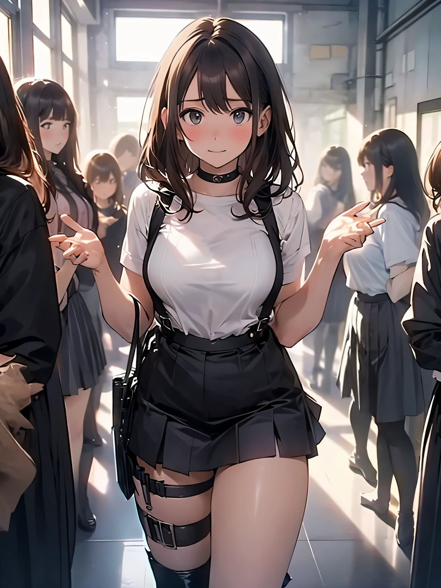 Brown hair、watching at viewers　　　black suspenders　　　Bulging big breasts　　 　 　　　walls: 　Black miniskirt　garters　　　　　　Gaze　　　Small face　bangss 　　　holster　　　Beautuful Women　　hands up　　レッグholster ベッドに横たわる　　Gaze 　black boots panty shot　provocation　flank　flank汗　soio 　arm