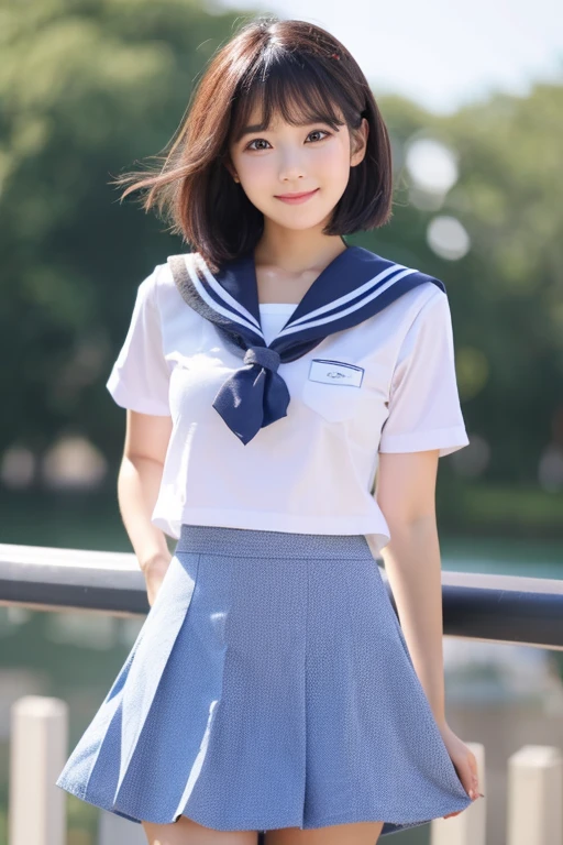 realistic schoolgirl、White and light blue sailor suit、Light blue skirt、Red scarf、Yellow ribbon on short black hair、soio、hight resolution、hightquality