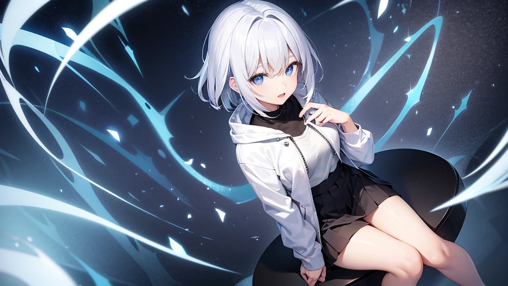 Ultra-high image quality,Look at viewers, hands behind back, girl with, 20 years old, Very short hair, long bangs between eyes, blue eyess,Black eyes, Hoodie, Skirt , Extremely detailed,(masterpiece、top-quality),White hair、A smile、Fantastical, Silver hair,, Hoodie, White hoodie,a black skirt,Hair is short,White jacket, Casual style,Open jacket, , look down from above、open open mouth、5 fingers、sit a chair