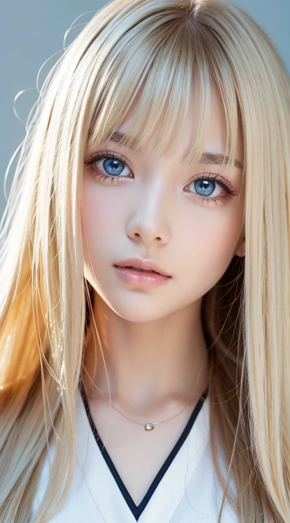 Beautiful  girl nature photo, wear a loose-fitting crop top, Super long blonde hair, disheveled bangs above the eyes,、Fluffy, Realistic platinum blonde hair that shines in gold、Super long hair as beautiful as silk、bright expression、Large bust, fix your gaze on the camera, large pale light blue eyes、very big eyes、eye shadow, symmetrical eye, Small face beauty、symmetry face, Photorealism, Photography, Pfadverfolgung, Mirror lighting, Volumetrisches Gesichtslicht, Hair traced in the past, Visible shadows, Convoluted, Expensive, Blank background、Gloss Face、Teak Gloss、White, young, shiny skin、cheek highlights、very beautiful cute face、