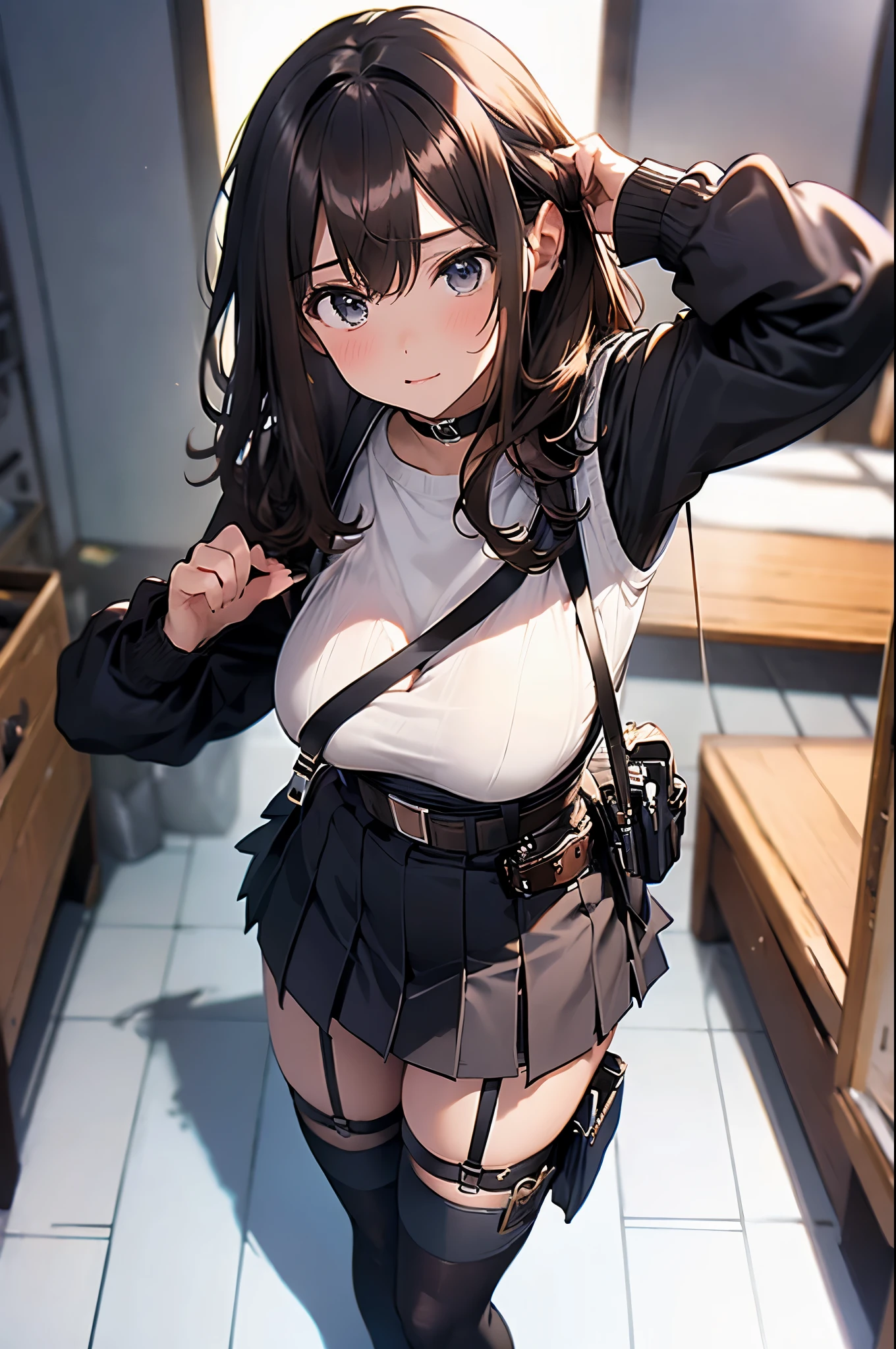 Brown hair、watching at viewers　　　black suspenders　　　Bulging big breasts　　 　 　　　walls: 　Black miniskirt　garters　　　　　　Gaze　　　Small face　bangss 　　　holster　　　Beautuful Women　　hands up　　レッグholster ベッドに横たわる　　Gaze 　black boots panty shot　provocation　flank　flank汗　soio 　arm