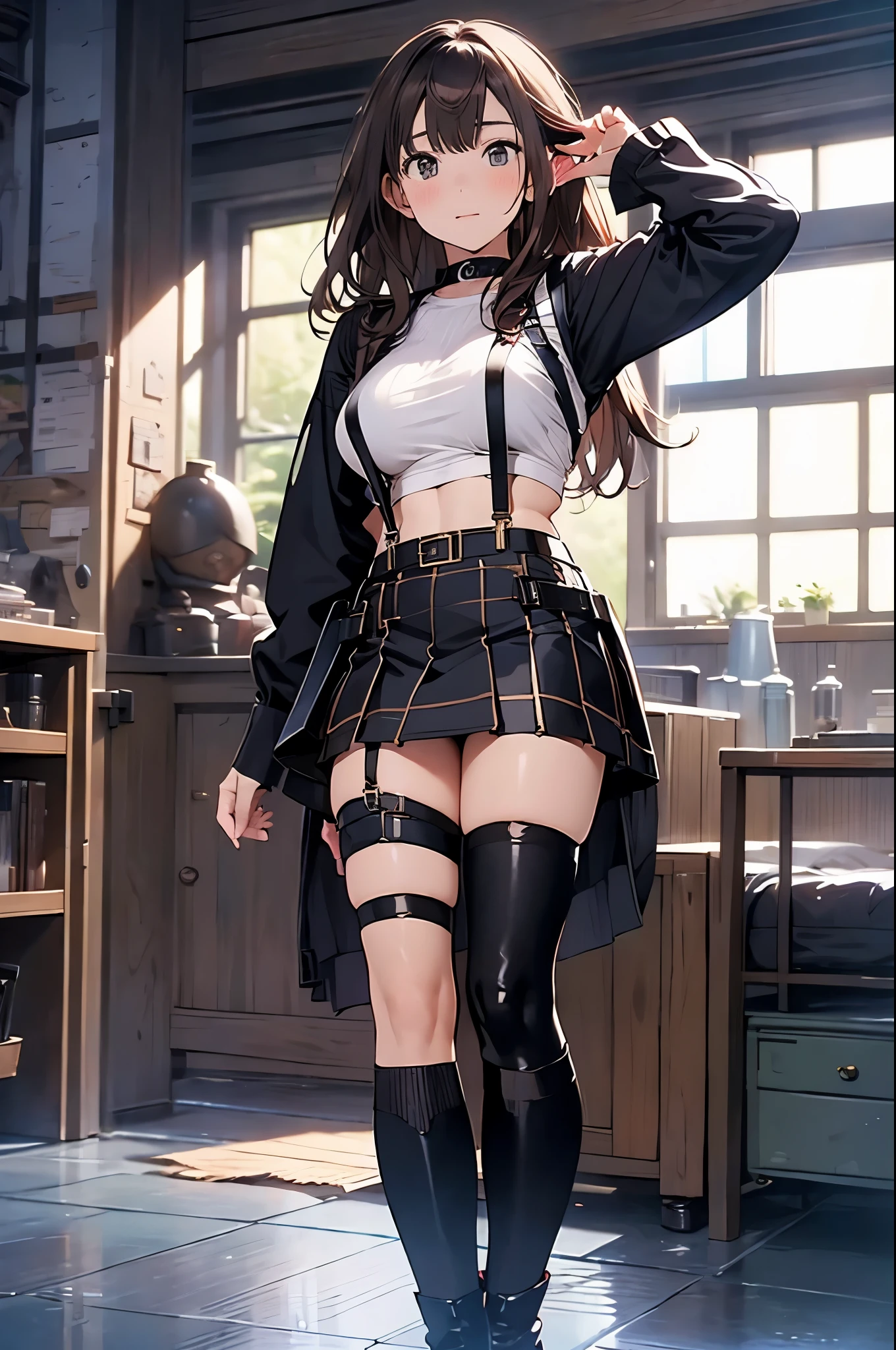 Brown hair、watching at viewers　　　black suspenders　　　Bulging big breasts　　 　 　　　walls: 　Black miniskirt　garters　　　　　　Gaze　　　Small face　bangss 　　　holster　　　Beautuful Women　　hands up　　レッグholster ベッドに横たわる　　Gaze 　black boots panty shot　provocation　flank　flank汗　soio 　arm