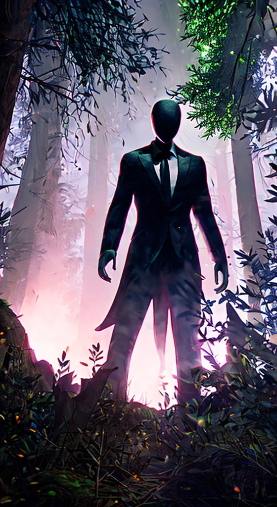 Slenderman,black suit,black slacks,red necktie,in the dark forest,8K,Ultra Detail,ultra-quality,ultra precision,ultimate masutepiece,