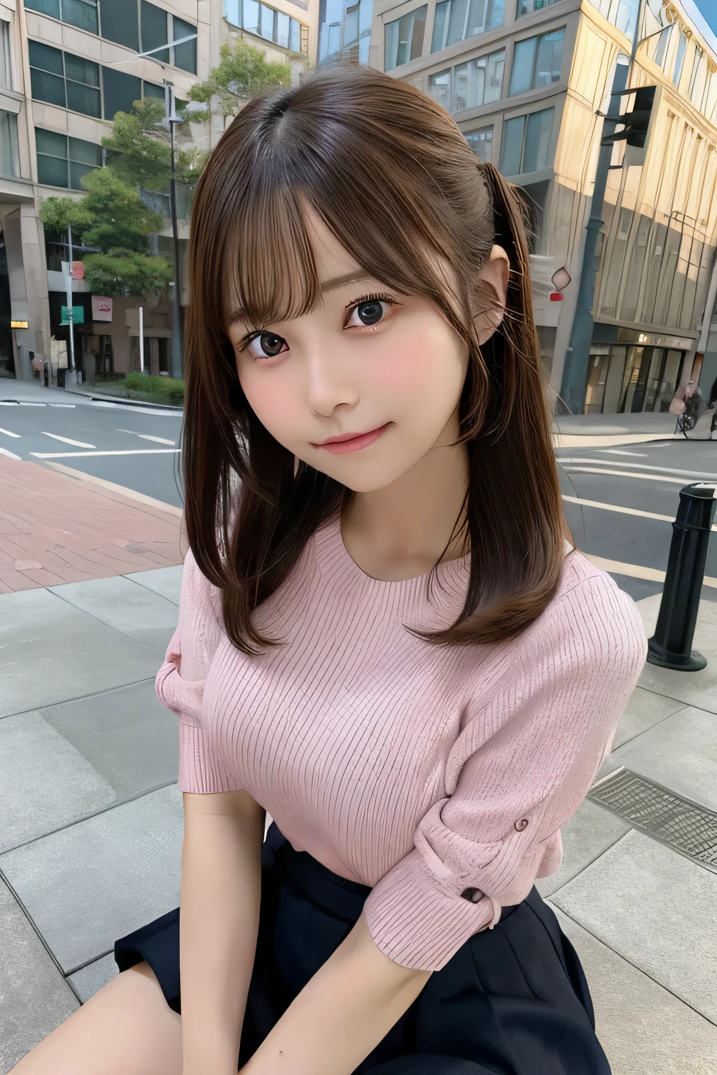 1girl in, Extremely cute face,masterpiece, top-quality, Ultra-fine、Colossal tits, Brown hair, A smile, sitting on, Send gaze, skirt by the, highrise buildings、extremley、A city scape, 城市, poneyTail, The shirt, Bust、Pink knitwear、ample breasts、nogizaka、Beautiful black eyes:1.3、-yeld score_Details:1.5、