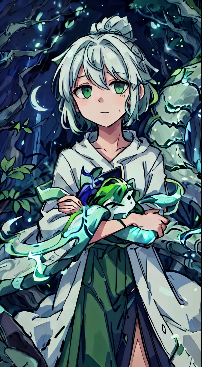 A scene on the edge of the forest on a moonlit night. A character with short green hair and white clothes stands among the trees facing the viewer. This character holds an exotic snake that coils around his arms and seems to be an extension of himself. The soft moonlight highlights these characters, creating a mysterious silhouette, There stood a green Chinese dragon behind him:1.5