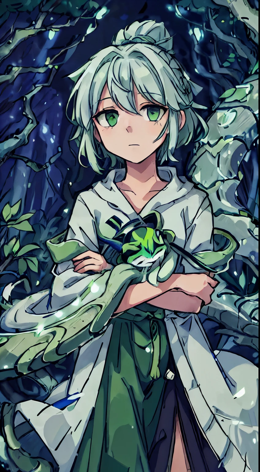 A scene on the edge of the forest on a moonlit night. A character with short green hair and white clothes stands among the trees facing the viewer. This character holds an exotic snake that coils around his arms and seems to be an extension of himself. The soft moonlight highlights these characters, creating a mysterious silhouette, There stood a green Chinese dragon behind him:1.5