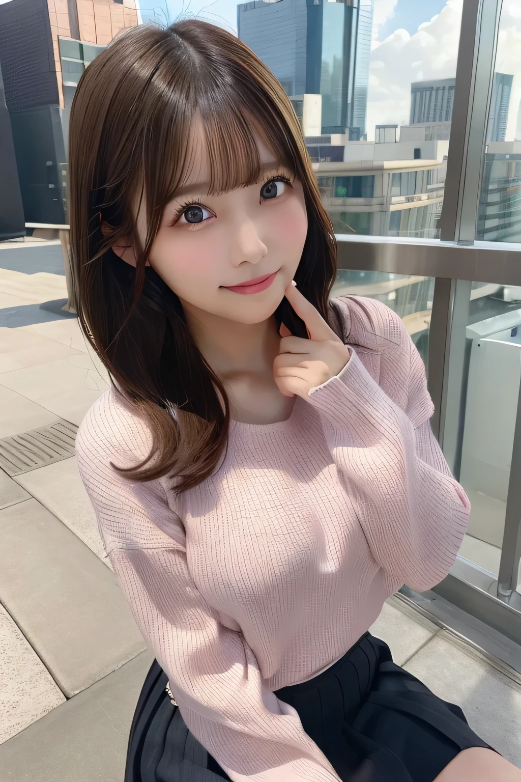 1girl in, Extremely cute face,​masterpiece, top-quality, Ultra-fine、Colossal tits, Brown hair, A smile, sitting on, Send gaze, skirt by the, highrise buildings、extremley、A city scape, 城市, poneyTail, The shirt, Bust、Pink knitwear、ample breasts、nogizaka、Beautiful black eyes:1.３、17-year-old schoolgirl、more_Details:1.5、