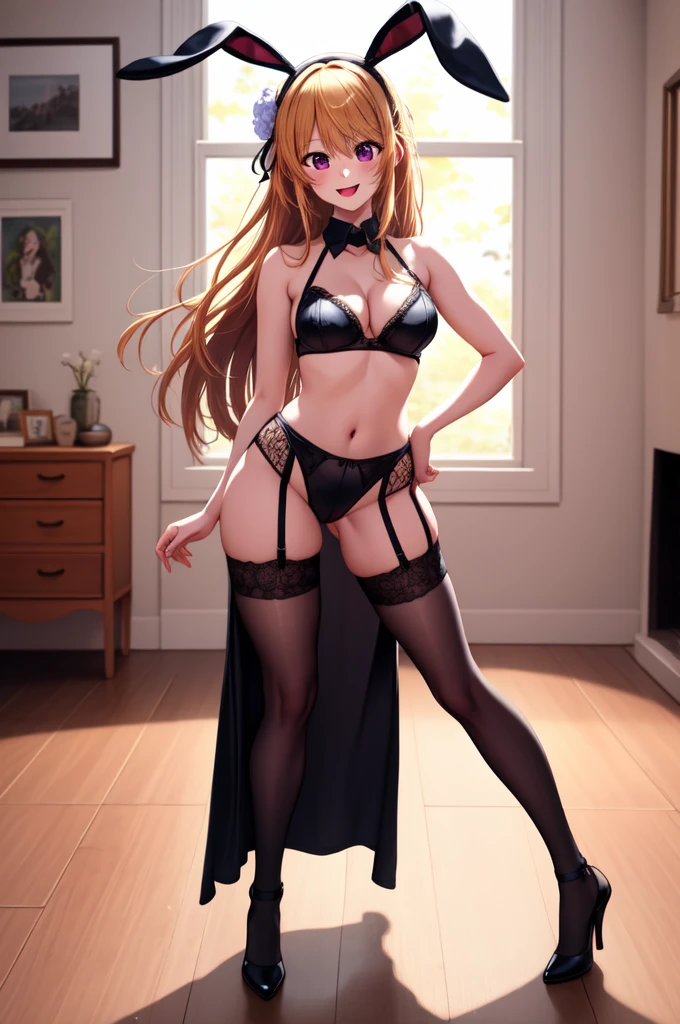 anime, beautiful face, highly detailed face, 2 accurate legs detailed eyes, highly detailed background, perfect lighting, accurate arms, accurate hands, accurate fingers, full body, 1girl, solo, ruby hoshino, oshi no ko, indoors, heels, thighhighs, garter stockings, indoors, absurdres, high res, ultrasharp, 8K, masterpiece, looking at viewer, (full body:1.4), smiling with compassion, open mouth smile, bunny ears hair accessories, sexy bunny outfit, revealing bunny outfit, holding breasts, hands on boobs