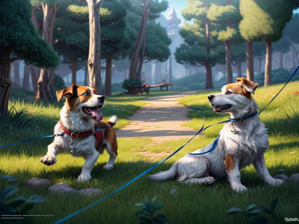 cartoon drawing of two dogs on a leash in a park, animated disney movie inking, published concept art, stylized linework, black and white illustration, official illustration, whole page illustration, by Istvan Banyai, concept art for a video game, by Maksimilijan Vanka, colorkey scene, game illustration, cartoon concept art