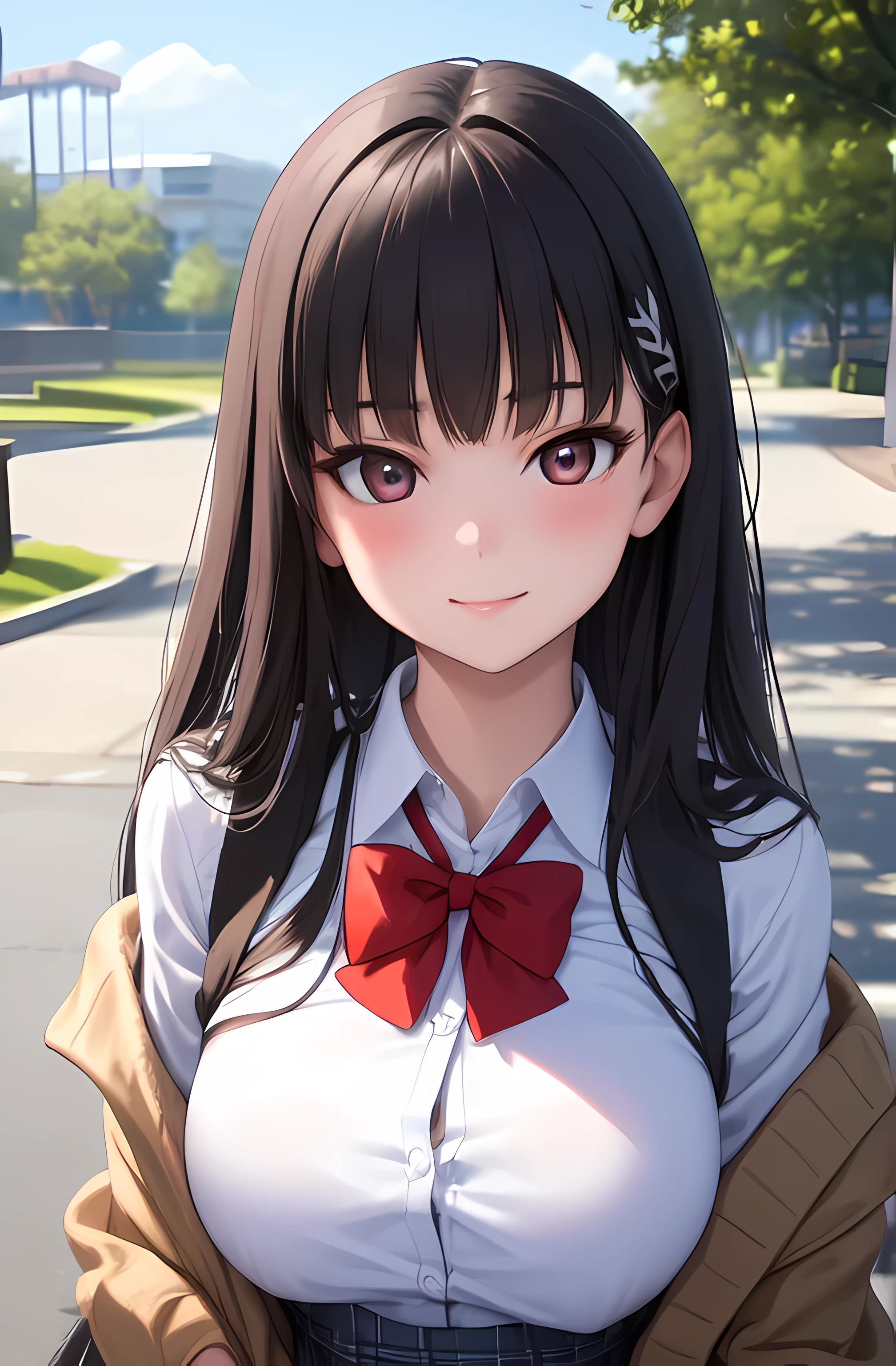 (best quality, masterpiece, ultra-detailed, perfect pixels), (UHD, RTX, 4k wallpaper, japanese anime, CG smooth, textured skin, realistic texture, natural light), 1girl, rio, seductive, busty, perfect body, bangs, long hair, (close-up, pov, dynamic pose), sly smile, beautiful smile, nipslip, medium breasts, blush, (school uniform, red bowtie, cardigan, plaid skirt), outdoor, amusement park