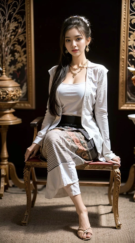 , (Realistic:1.3), insane details, quality, (master-piece:1.2), (ภาพRealistic:1.2), (qualityที่ดีที่สุด), (Detailed skin:1.3), (intricate detailed), ray tracing, ((Full body)), ((1woman)), (((1man))), 18-20 years old, ((long-haired, Very long., ปล่อยlong-haired)), smile, Random color tank top, white coat Random color skirt with pattern, The color matches the dress and skirt., skirt pattern, earrings, necklace, Javanese jewelry, (blurred background), breast cleavage, huge breast,, Beautiful breast, Big breast augmentation, elongated legs, Fair-skinned, attractive, Seated, Bundle