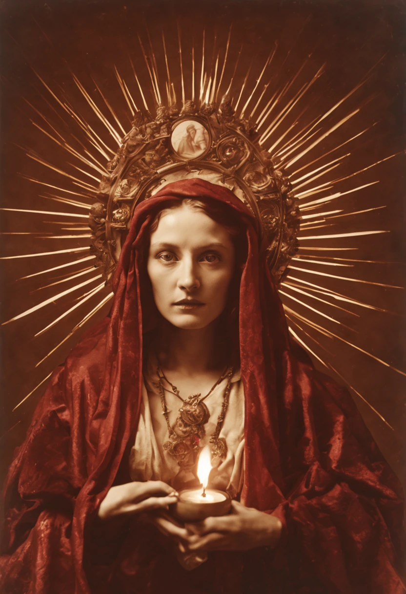 Bettina Rheims shot,, The holy madonna of alchemists, sacred heart, fire, light rays, sepia, red, old daguerreotype