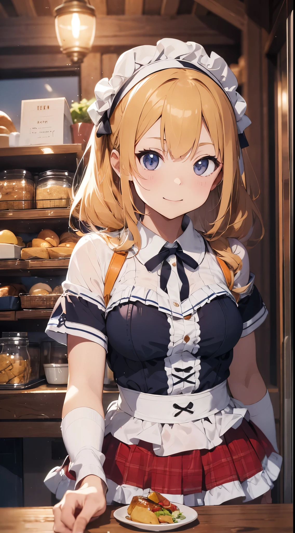 Waitress working in a medieval tavern、off shoulder medieval clothing、Blonde girl、a smile