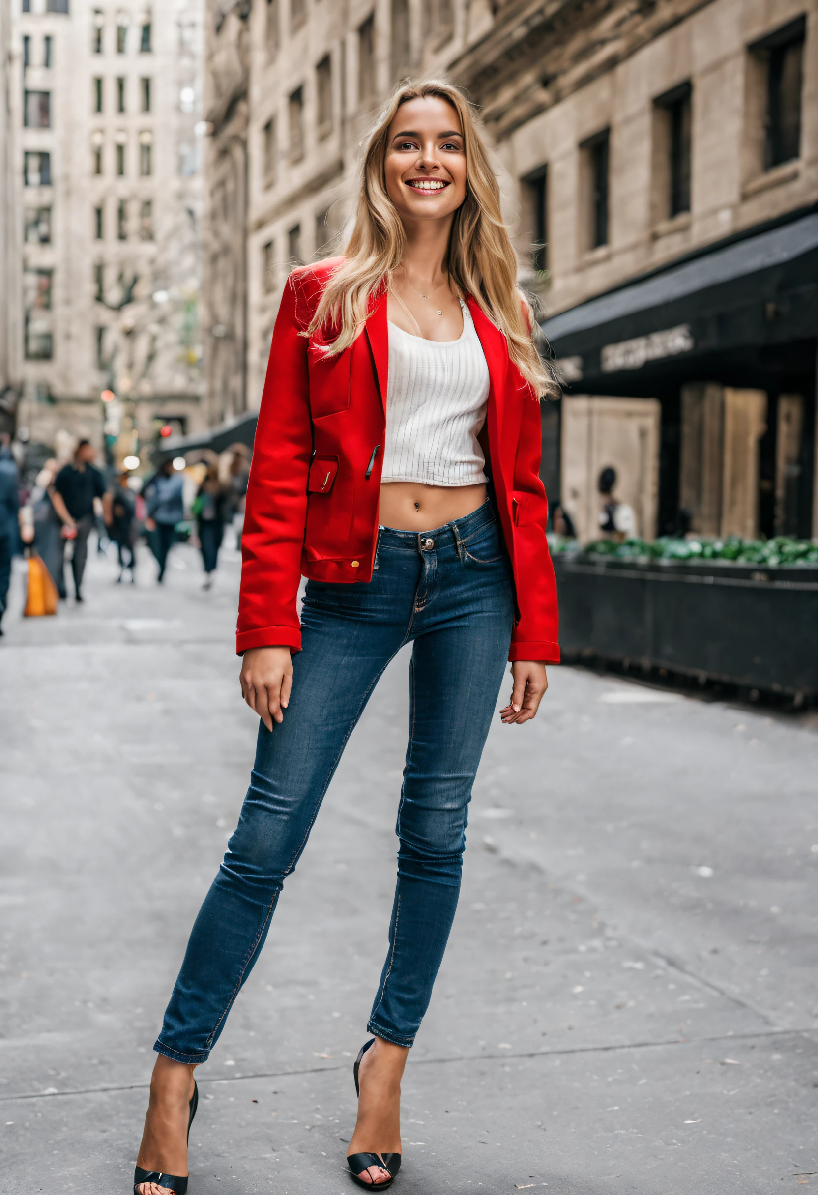 Full body image, 21 year old European woman called Nikita, with long blond hair, jeans and red jacket, is standing and smiling in New York Wall street.