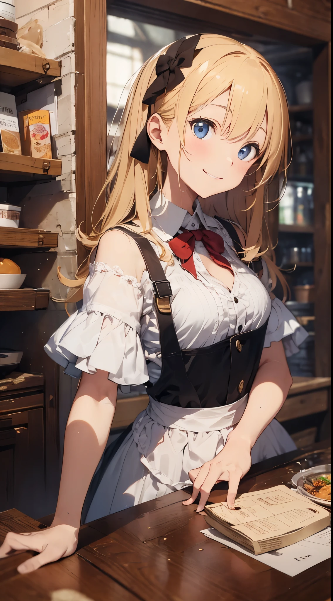 Waitress working in a medieval tavern、off shoulder medieval clothing、Blonde girl、a smile