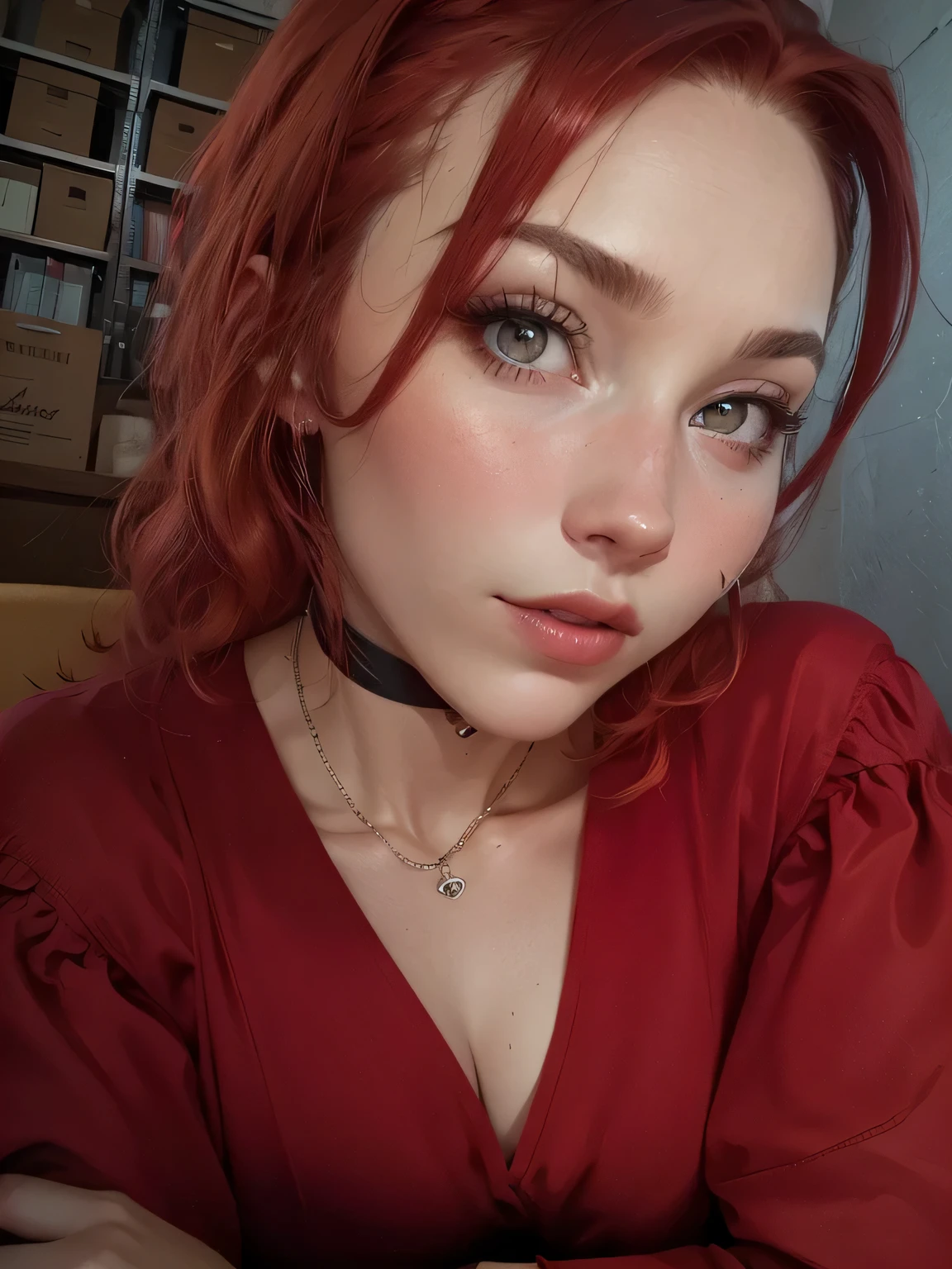 there is a woman with red hair and a red top, with red hair, black and red hair, wearing black choker, red hair, with curly red hair, crimson red hair and red eyes, dark purple hair and cybernetics, aleksandra waliszewska, crimson hair, purple and black, with long red hair, black and red hair hair