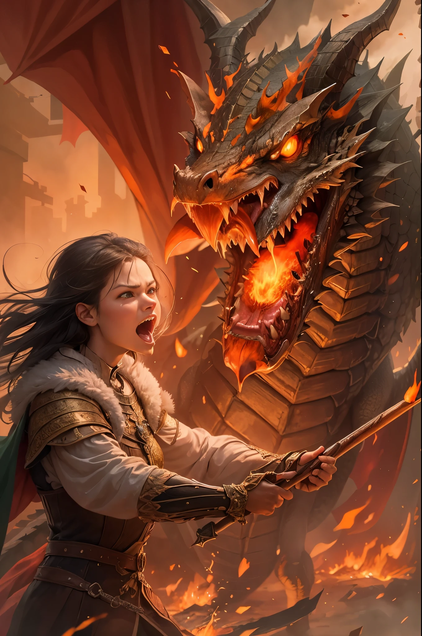 A flying dragon, Angry, Holding fire in mouth, medieval times,girl facing him