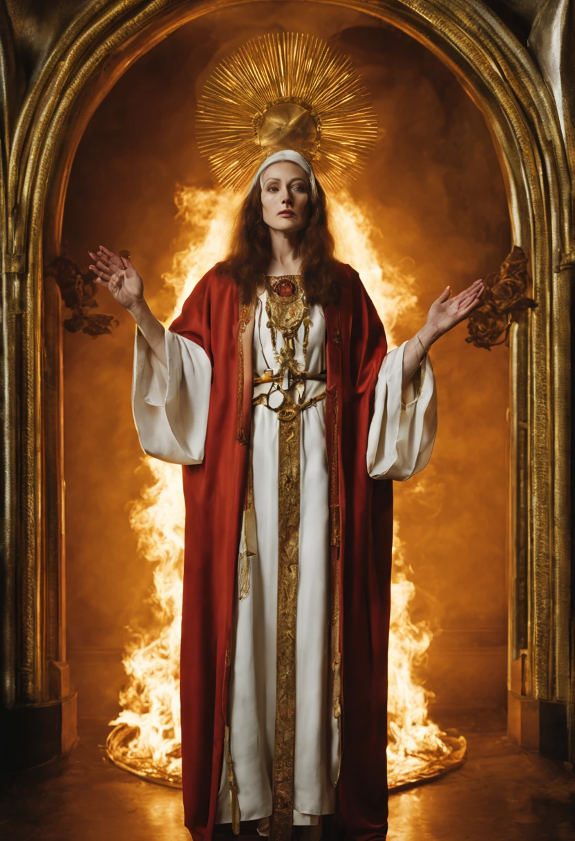 Bettina Rheims shot,, The holy saint of alchemists, sacred, fire, light rays, pagan saint, inri, full body shot,  prayer